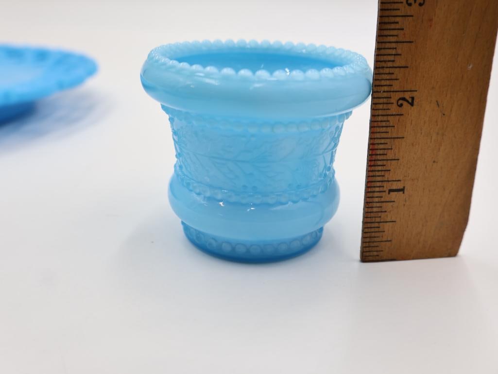 Vintage Turquoise Blue Milk Glass Vanity Set Portieux Vallerysthal & Westmoreland Lot - 7