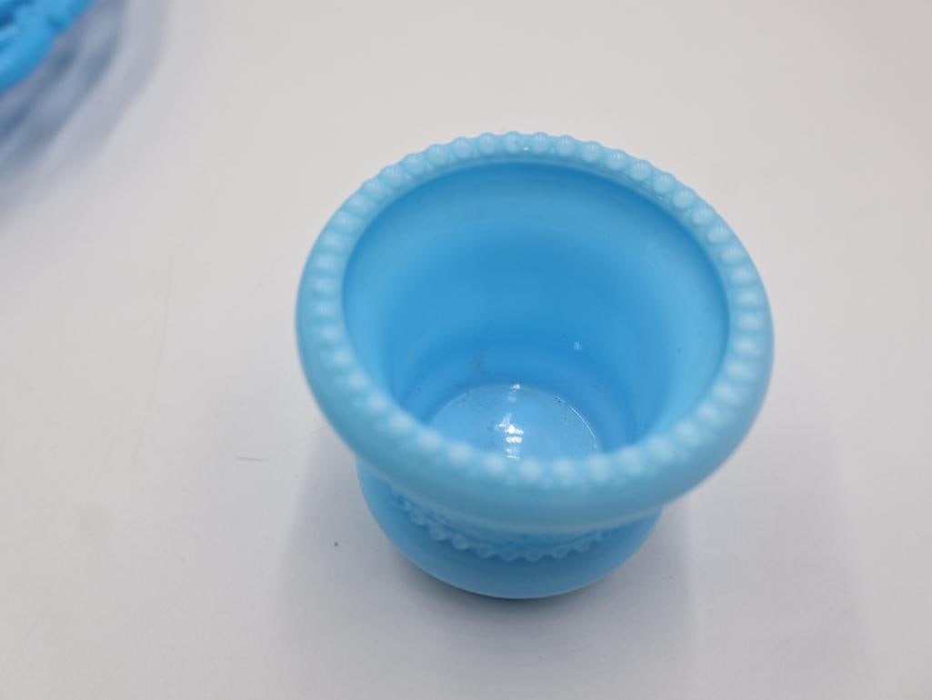 Vintage Turquoise Blue Milk Glass Vanity Set Portieux Vallerysthal & Westmoreland Lot - 8