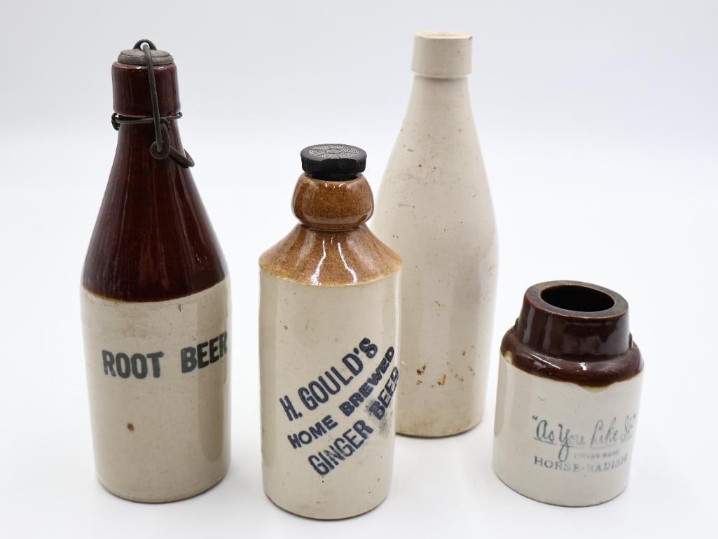 Antique and Vintage Stoneware Bottle & Pottery Lot 5-Piece Primitive Advertising Collection - 5