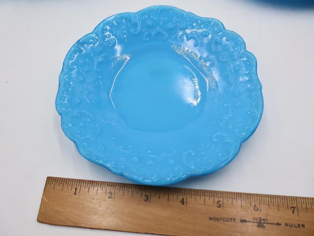 Antique Collection of Blue Opaline Milk Glass Trays and Serving Dishes - 10