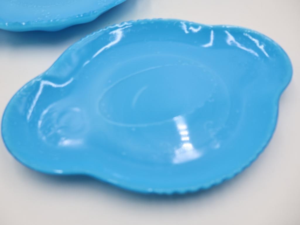 Antique Collection of Blue Opaline Milk Glass Trays and Serving Dishes - 13