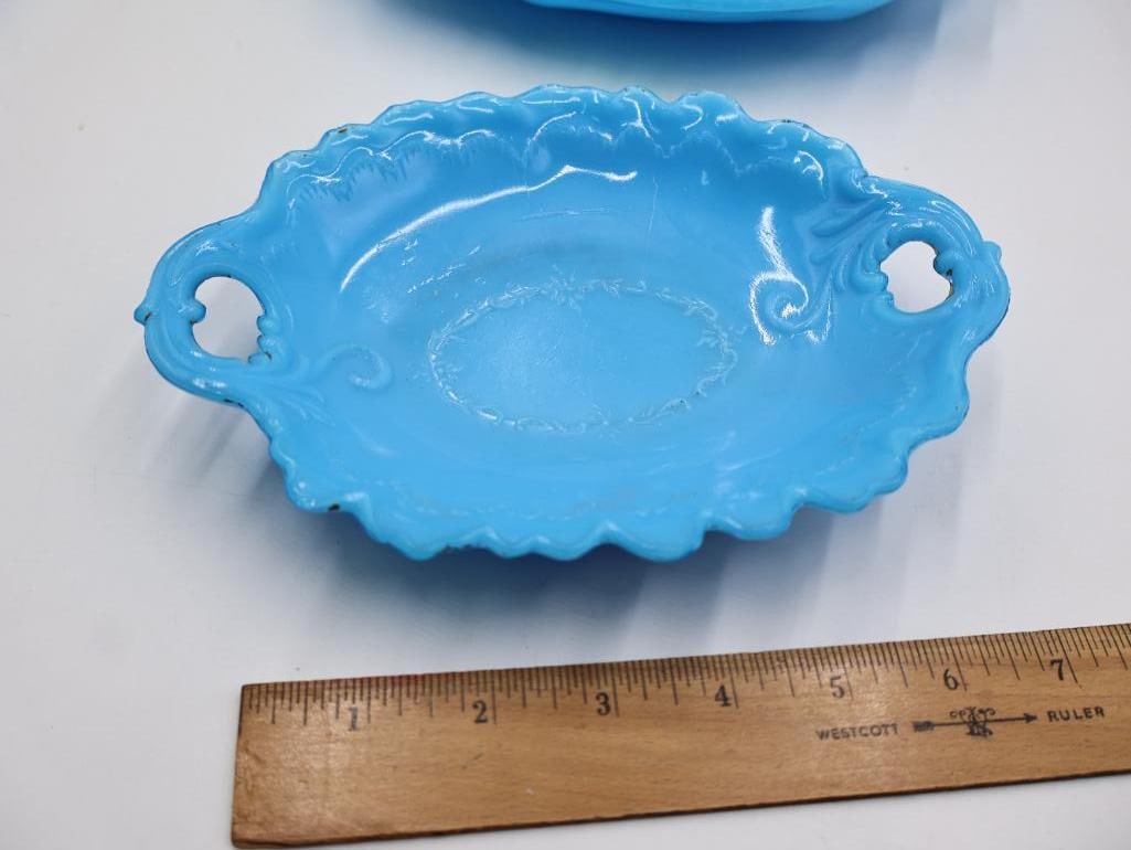 Antique Collection of Blue Opaline Milk Glass Trays and Serving Dishes - 15