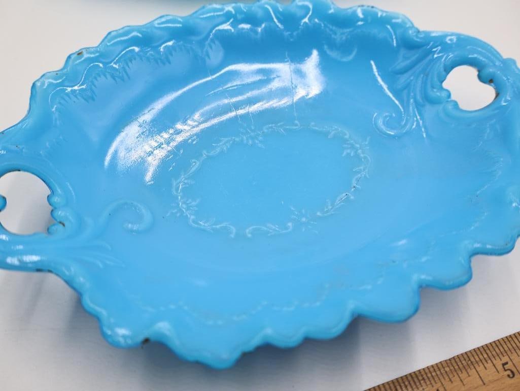 Antique Collection of Blue Opaline Milk Glass Trays and Serving Dishes - 16