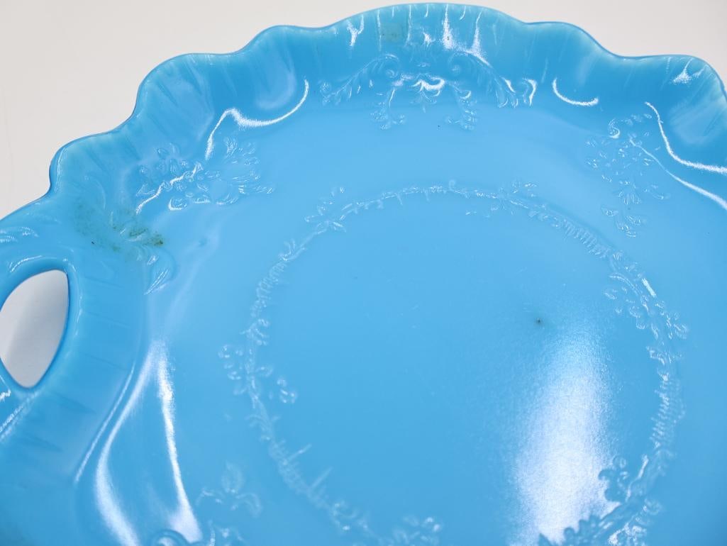 Antique Collection of Blue Opaline Milk Glass Trays and Serving Dishes - 19