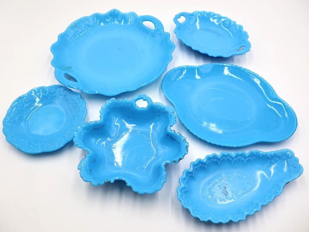 Antique Collection of Blue Opaline Milk Glass Trays and Serving Dishes (1 of 20)