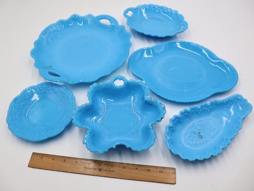 Antique Collection of Blue Opaline Milk Glass Trays and Serving Dishes - 2
