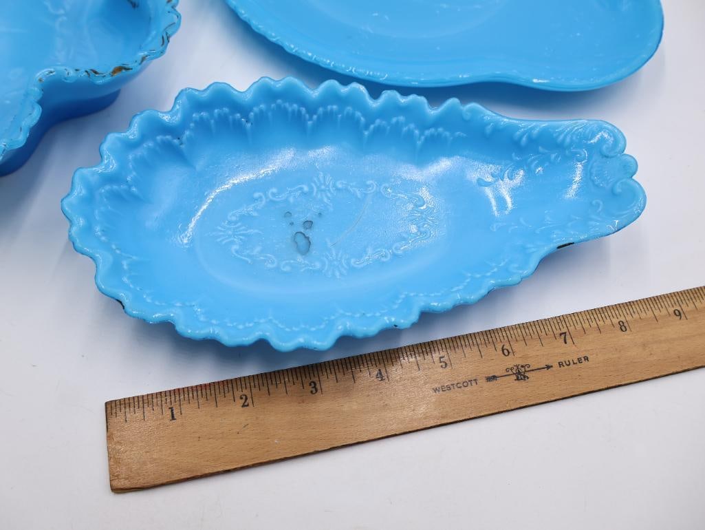 Antique Collection of Blue Opaline Milk Glass Trays and Serving Dishes - 3