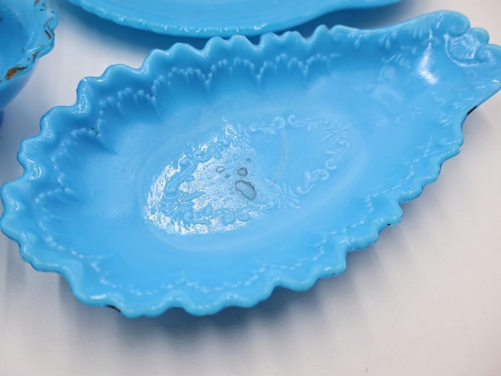 Antique Collection of Blue Opaline Milk Glass Trays and Serving Dishes - 4