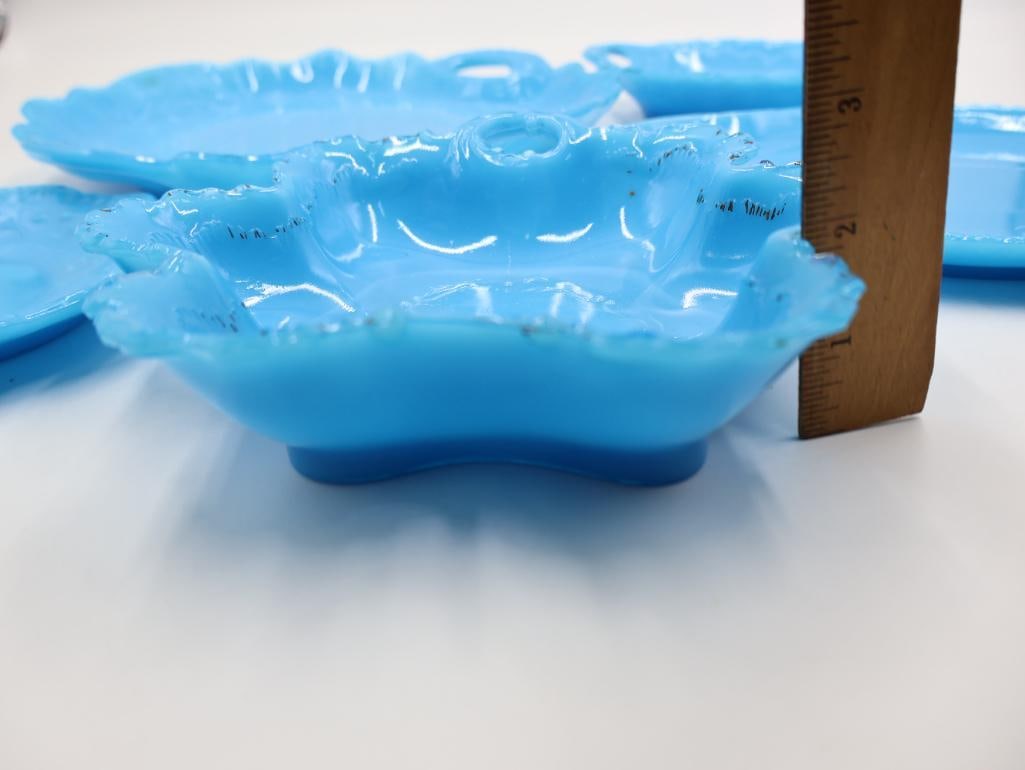 Antique Collection of Blue Opaline Milk Glass Trays and Serving Dishes - 6
