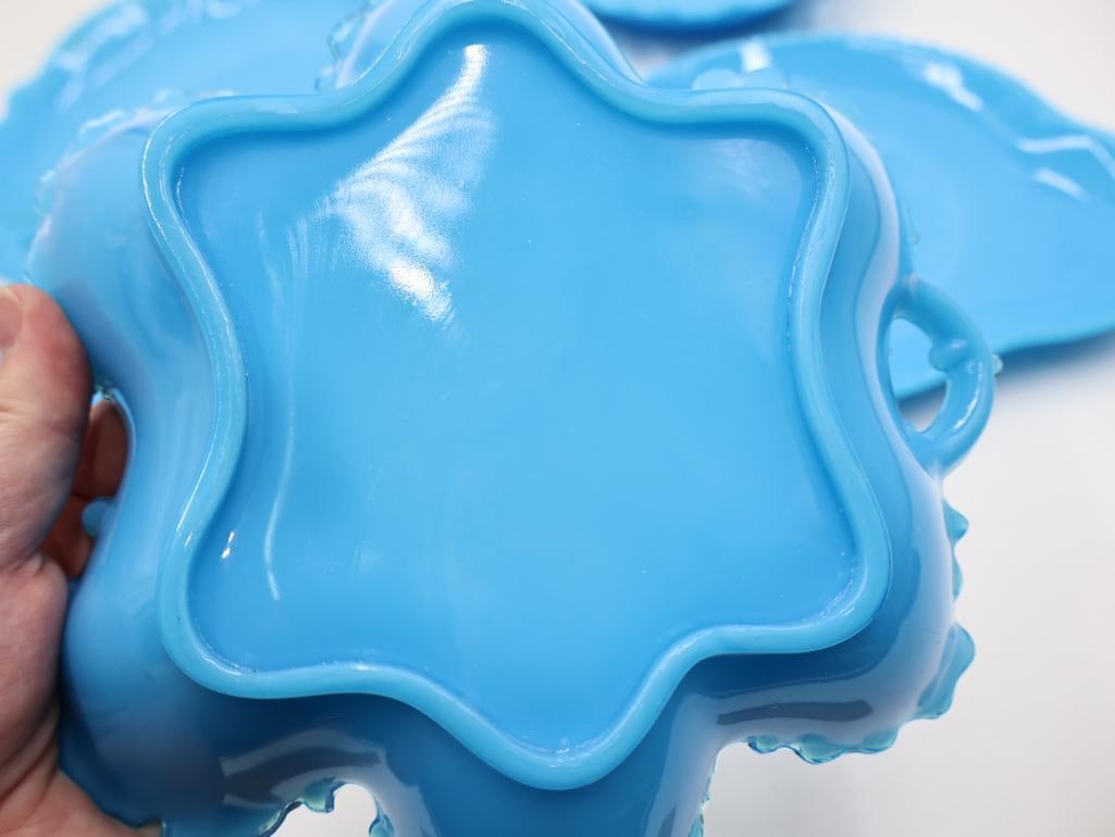 Antique Collection of Blue Opaline Milk Glass Trays and Serving Dishes - 9