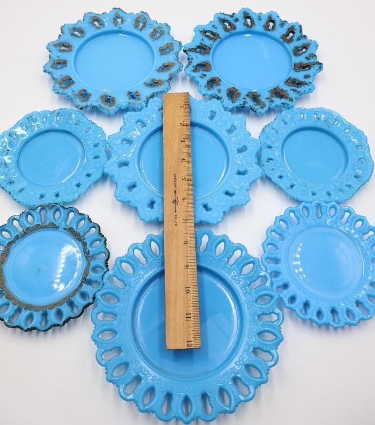 Vintage Turquoise Blue Milk Glass Open Lace Edge Plate 8-Piece Set - 2