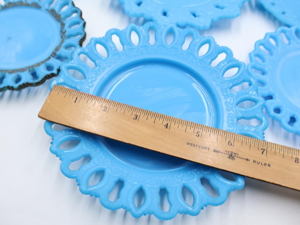 Vintage Turquoise Blue Milk Glass Open Lace Edge Plate 8-Piece Set - 3