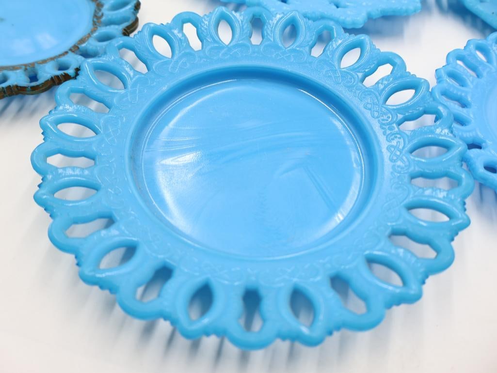 Vintage Turquoise Blue Milk Glass Open Lace Edge Plate 8-Piece Set - 4
