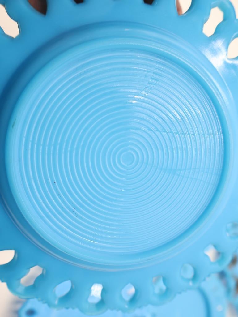 Vintage Turquoise Blue Milk Glass Open Lace Edge Plate 8-Piece Set - 5
