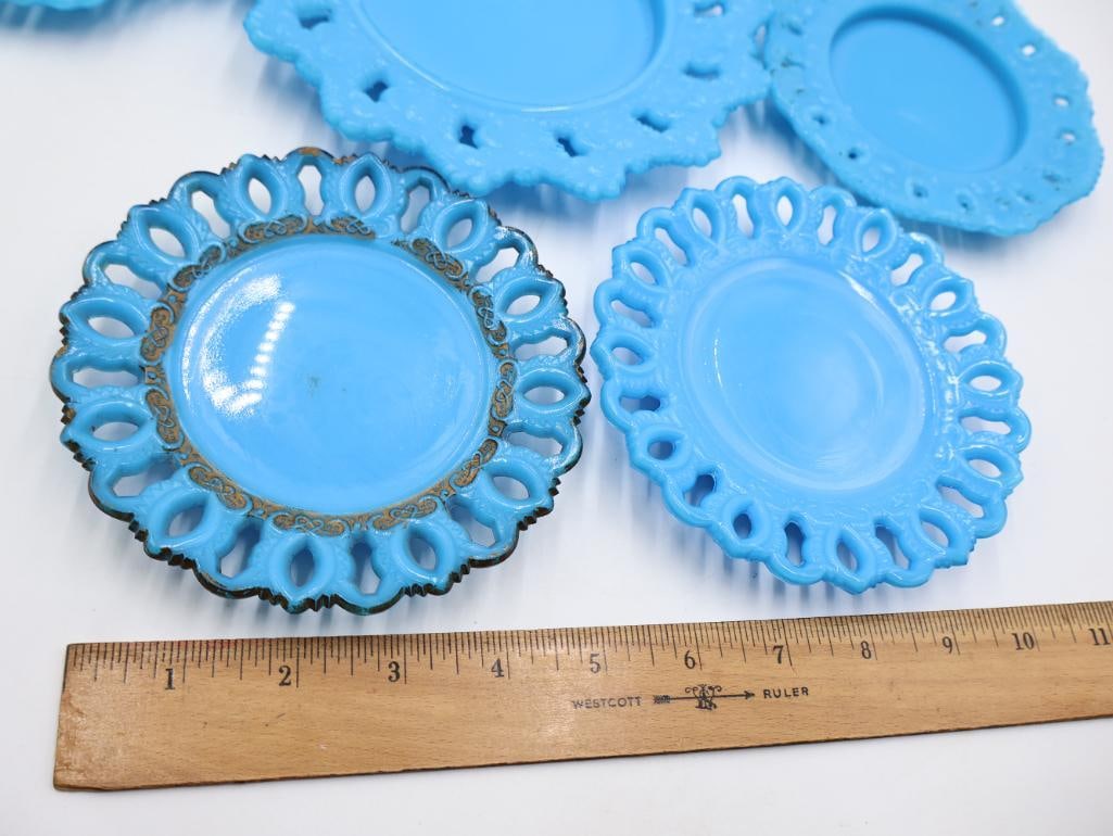 Vintage Turquoise Blue Milk Glass Open Lace Edge Plate 8-Piece Set - 6