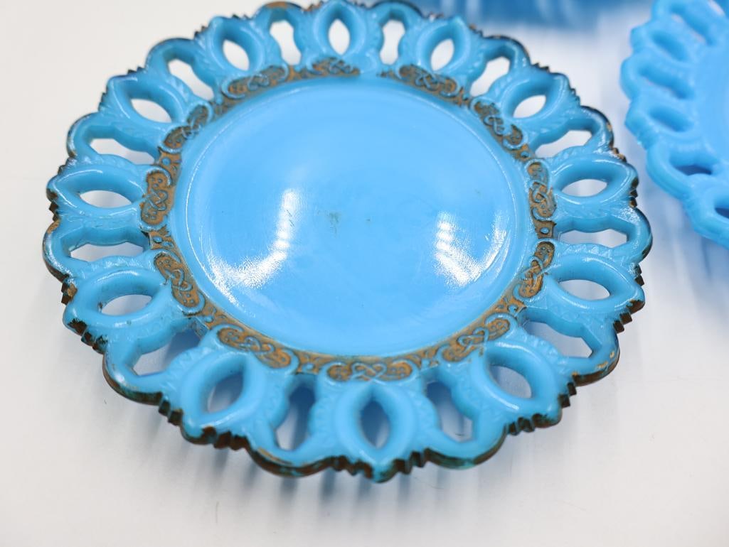 Vintage Turquoise Blue Milk Glass Open Lace Edge Plate 8-Piece Set - 7