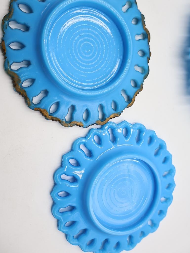 Vintage Turquoise Blue Milk Glass Open Lace Edge Plate 8-Piece Set - 8