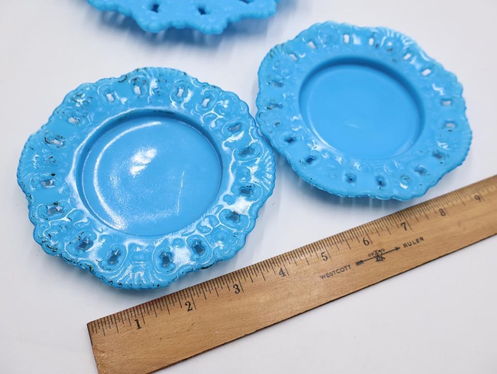 Vintage Turquoise Blue Milk Glass Open Lace Edge Plate 8-Piece Set - 9