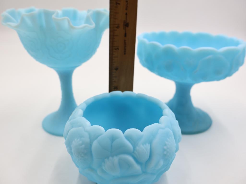 Three Vintage Fenton Satin Blue Glass Vases - 2