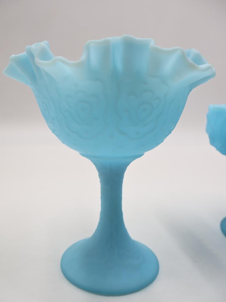 Three Vintage Fenton Satin Blue Glass Vases - 7