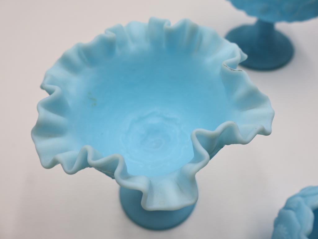 Three Vintage Fenton Satin Blue Glass Vases - 9