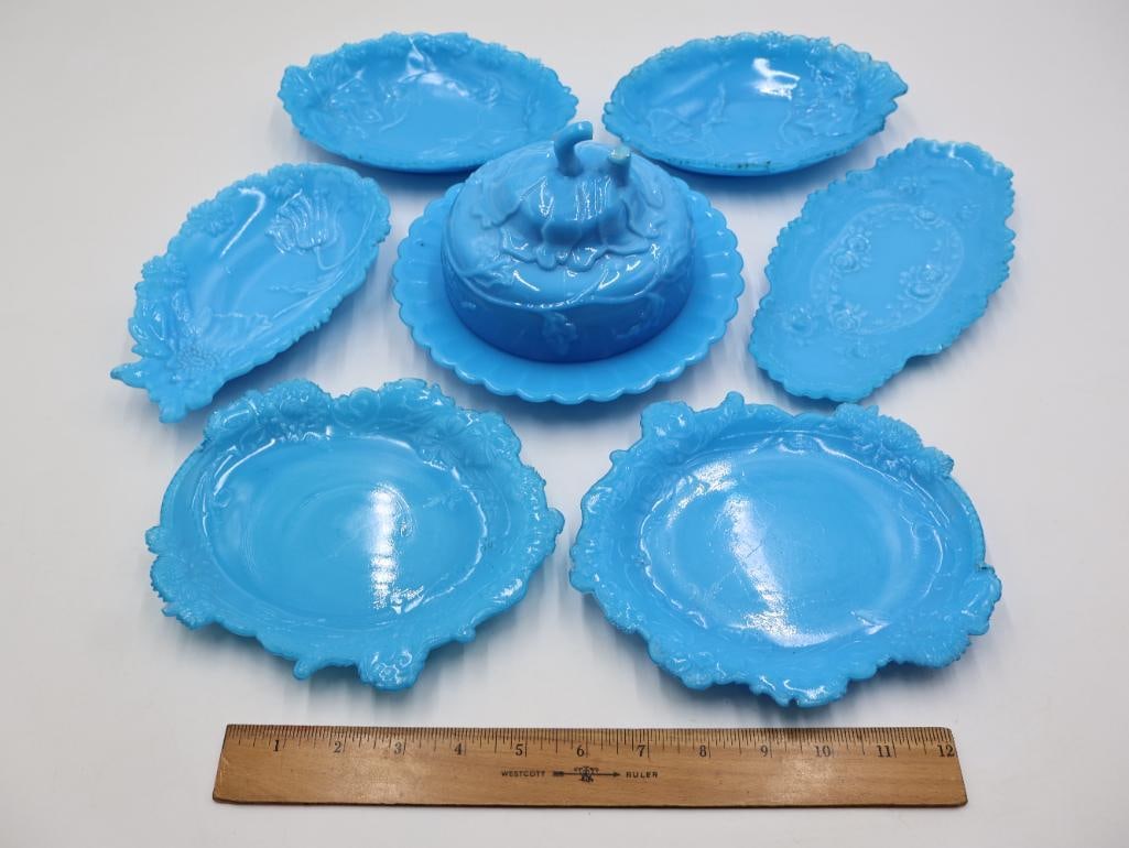 Collection of Antique Opaque Blue Milk Glass Opaline Dishes - 2