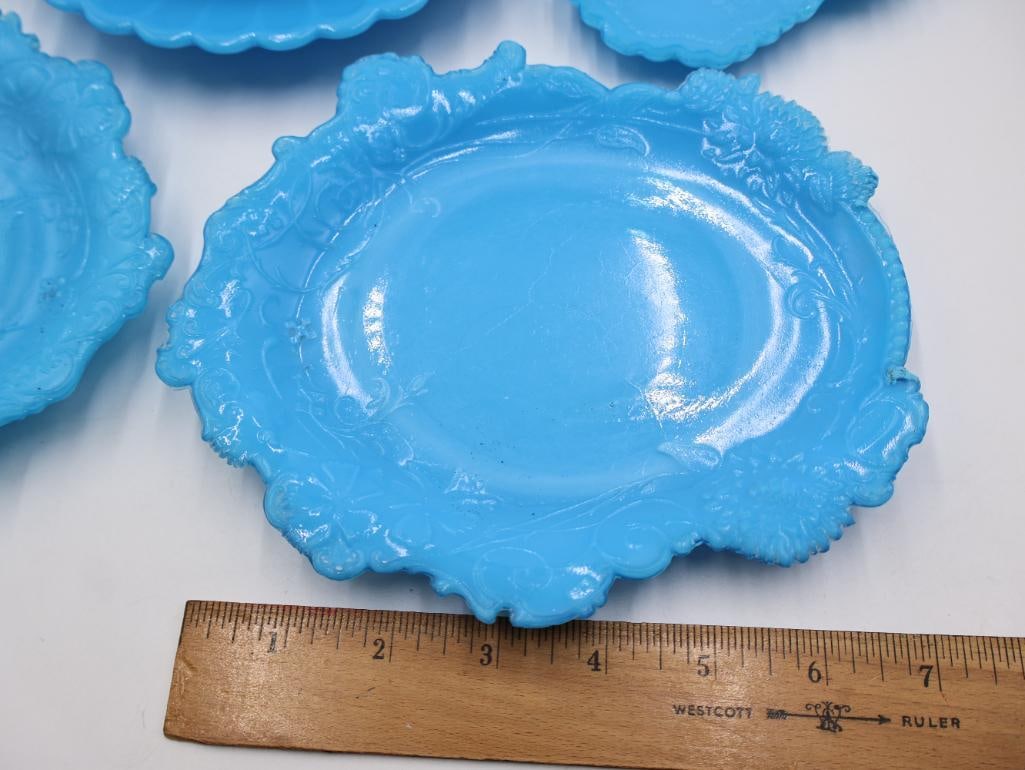 Collection of Antique Opaque Blue Milk Glass Opaline Dishes - 3