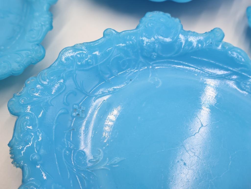 Collection of Antique Opaque Blue Milk Glass Opaline Dishes - 4