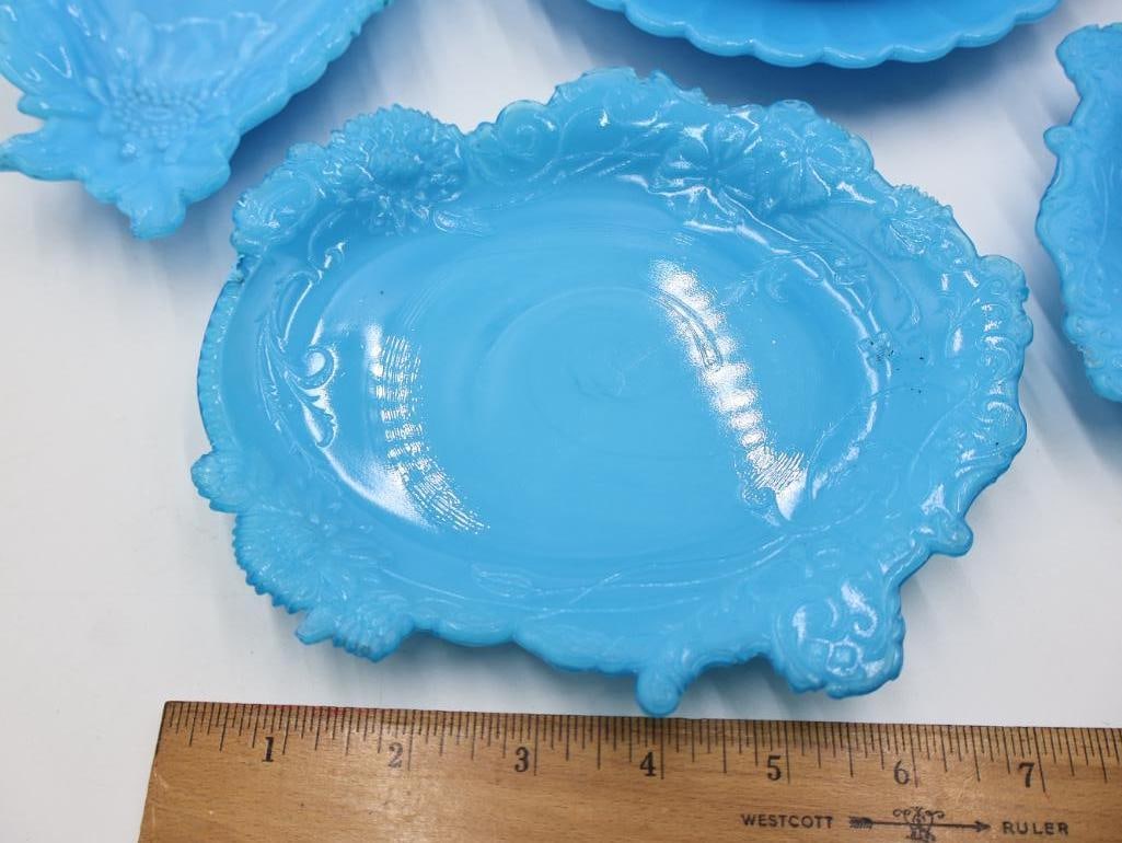 Collection of Antique Opaque Blue Milk Glass Opaline Dishes - 5
