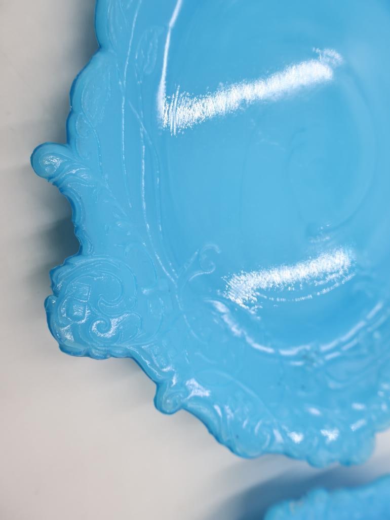 Collection of Antique Opaque Blue Milk Glass Opaline Dishes - 6