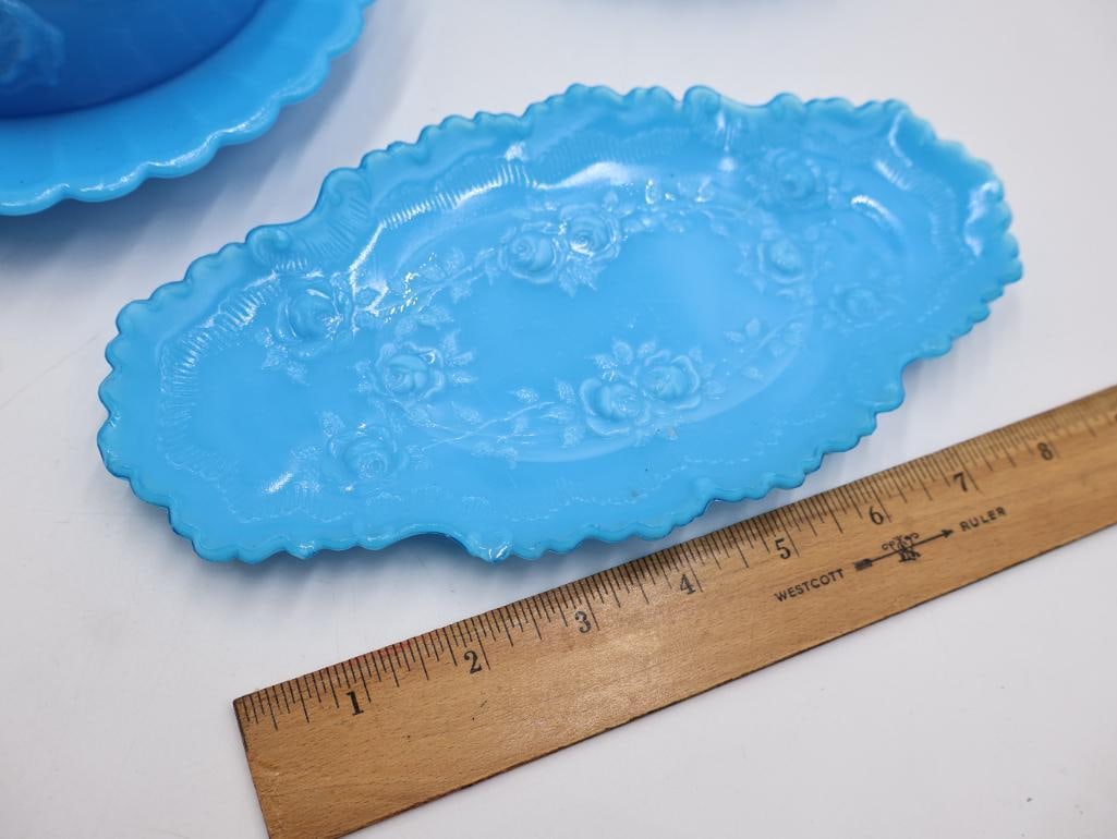 Collection of Antique Opaque Blue Milk Glass Opaline Dishes - 9