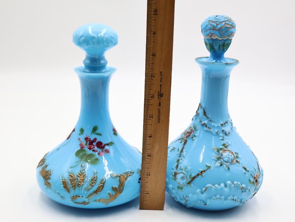 Antique Victorian Blue Opaline Milk Glass Painted Decanters - 2