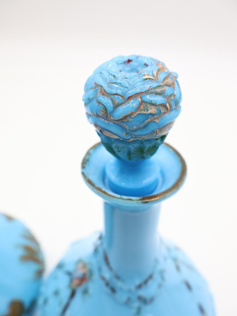 Antique Victorian Blue Opaline Milk Glass Painted Decanters - 3