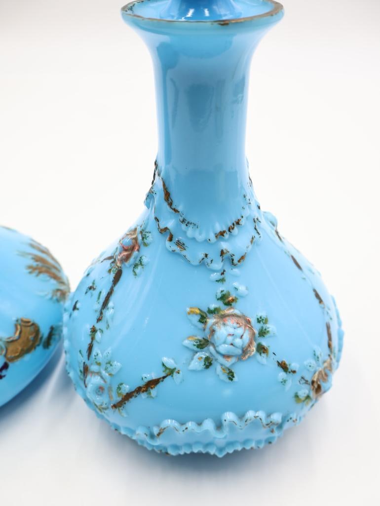 Antique Victorian Blue Opaline Milk Glass Painted Decanters - 4