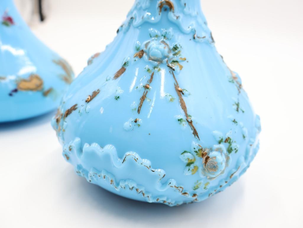 Antique Victorian Blue Opaline Milk Glass Painted Decanters - 5