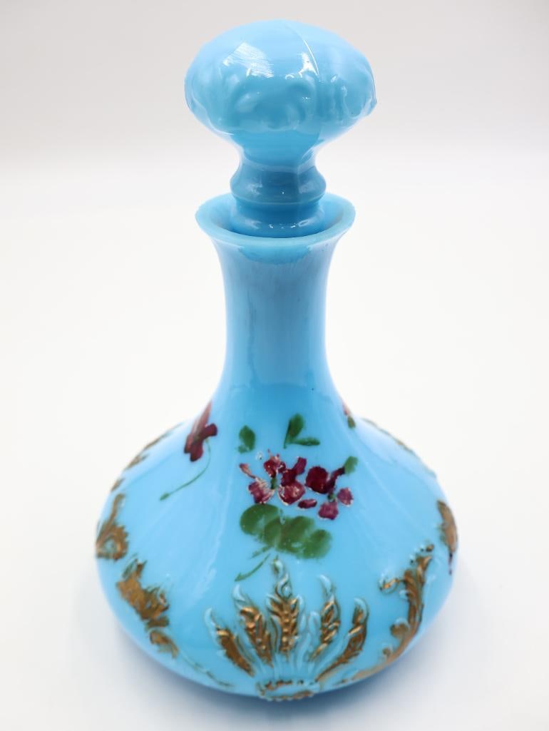 Antique Victorian Blue Opaline Milk Glass Painted Decanters - 8