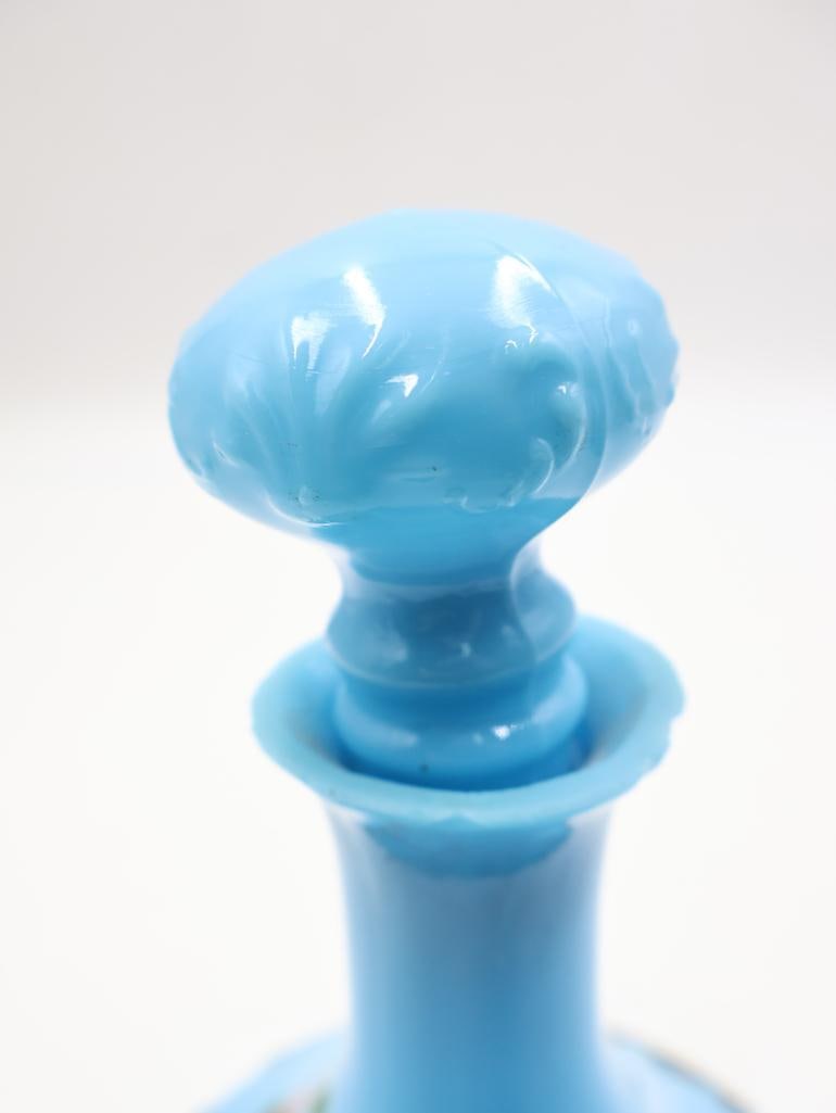 Antique Victorian Blue Opaline Milk Glass Painted Decanters - 9