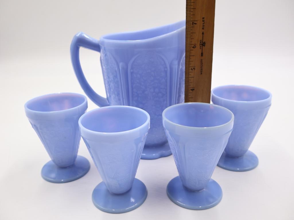 Vintage Delphite Blue Jeannette Glass Co Pitcher and Cup Set - 2