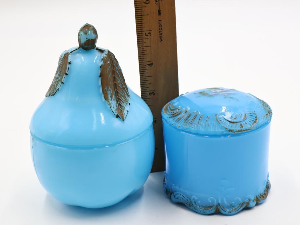 Antique Victorian Opaline Blue Milk Glass Lidded Dishes - 2