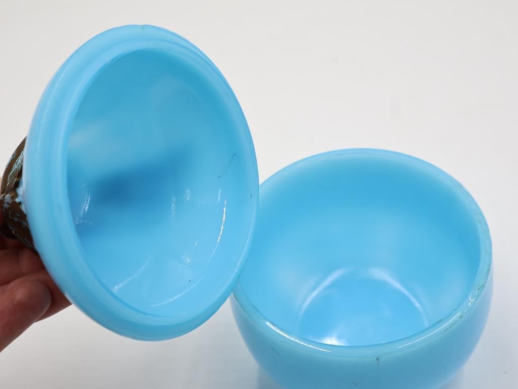 Antique Victorian Opaline Blue Milk Glass Lidded Dishes - 5