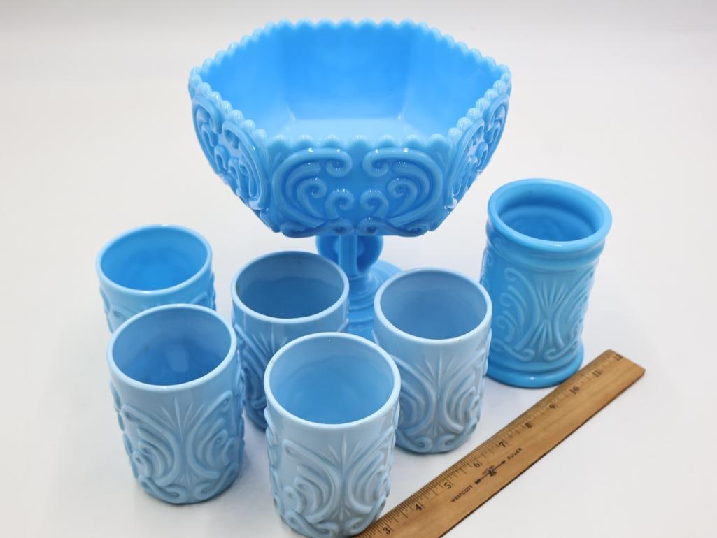 Various Antique Blue Milk Glass Opaline Cups and Pedestal Dish - 2