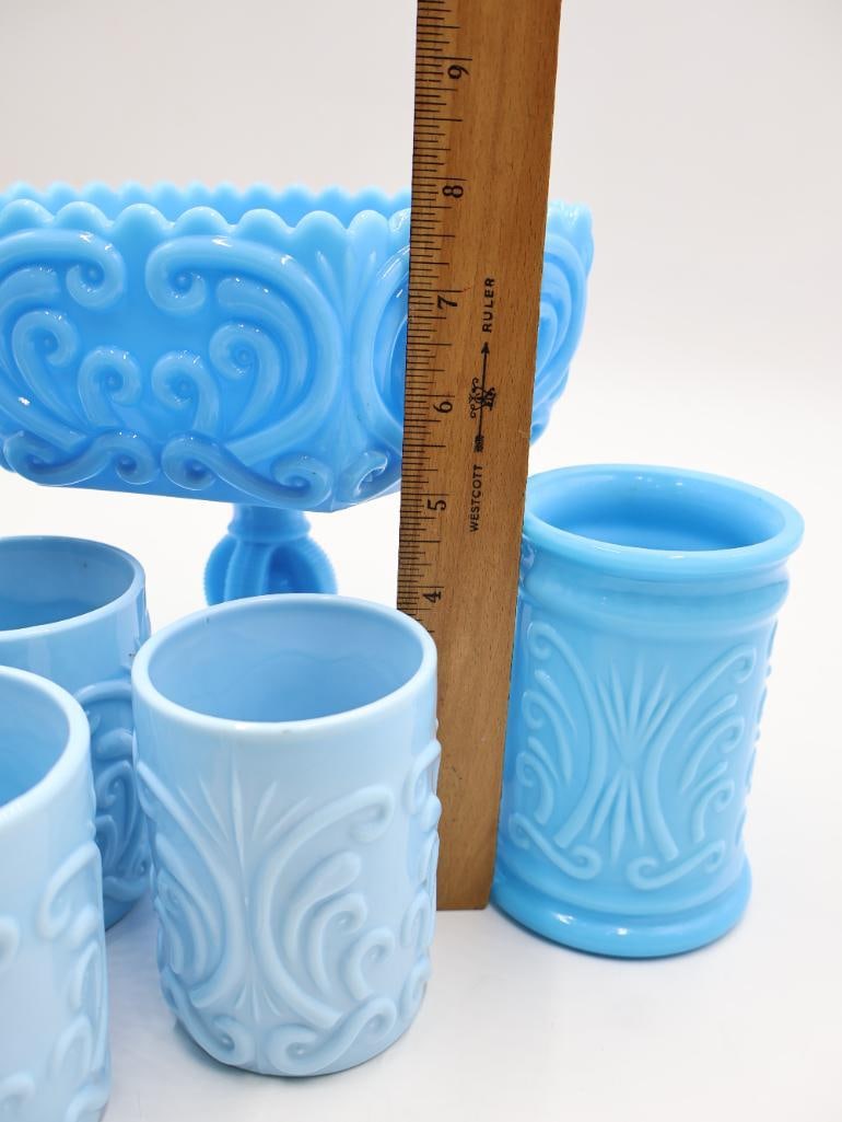 Various Antique Blue Milk Glass Opaline Cups and Pedestal Dish - 3