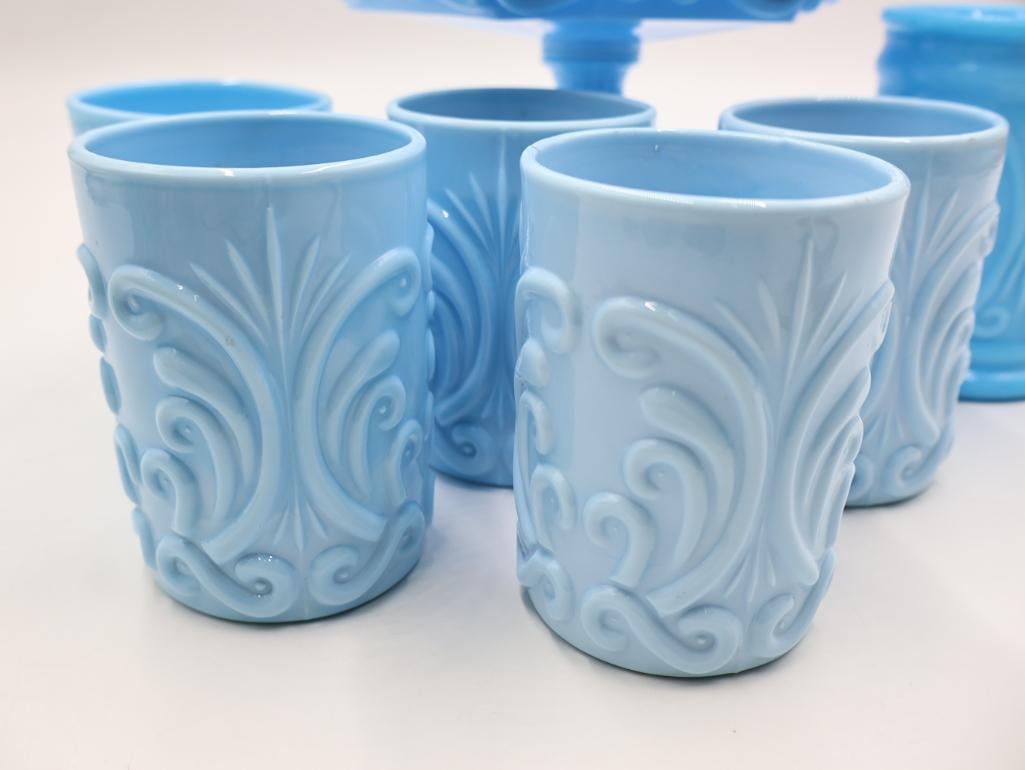 Various Antique Blue Milk Glass Opaline Cups and Pedestal Dish - 4