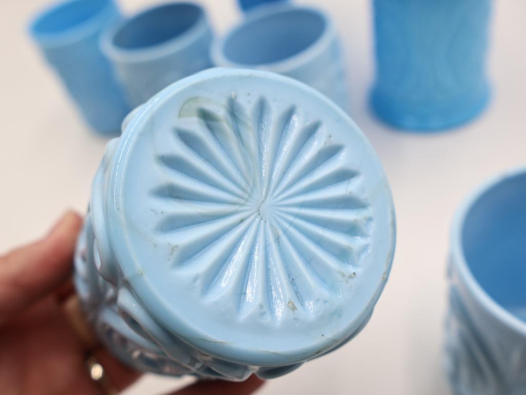 Various Antique Blue Milk Glass Opaline Cups and Pedestal Dish - 7