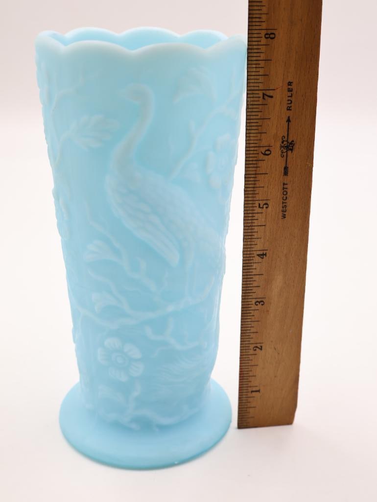 Vintage Fenton Blue Milk Glass Peacock Vase - 2