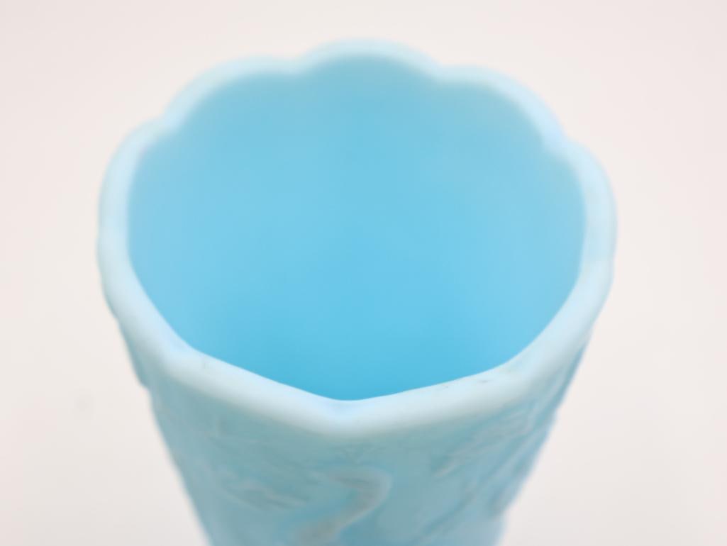 Vintage Fenton Blue Milk Glass Peacock Vase - 3