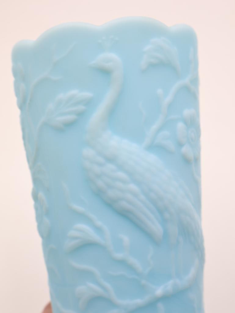 Vintage Fenton Blue Milk Glass Peacock Vase - 4