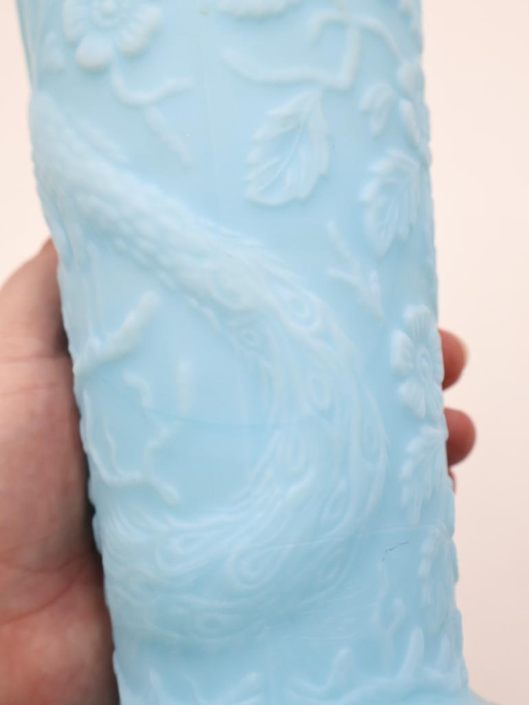 Vintage Fenton Blue Milk Glass Peacock Vase - 5