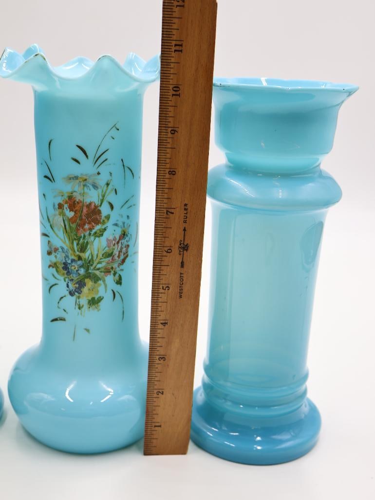 Three Large Antique Opaline Blue Glass Vases - 2