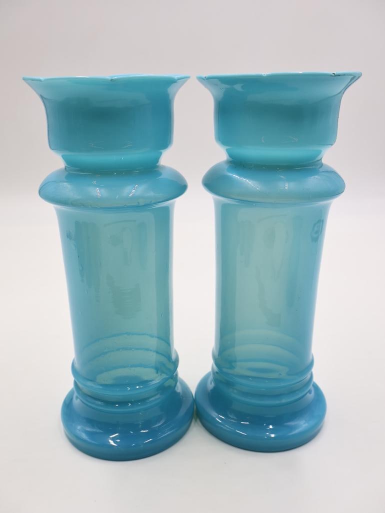 Three Large Antique Opaline Blue Glass Vases - 8